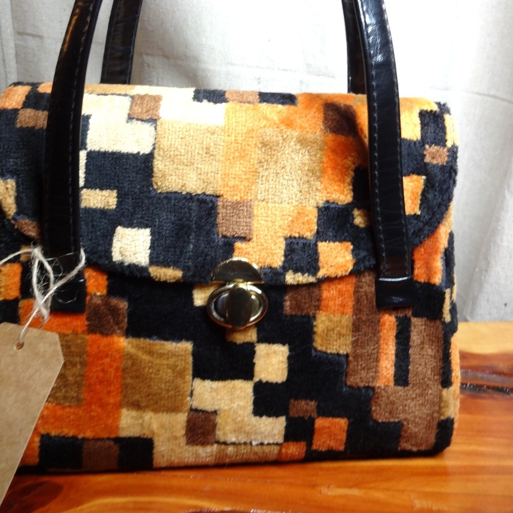 Vintage 70s Mr. Mart Carpet Bag Women Small Multi Geometric Tapestry Satchel MCM